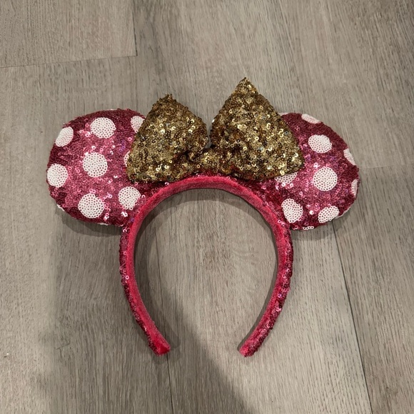 Disney Accessories - Disney Minnie Mouse Ears Pink Polka Dot Gold Bow 2021 Sequin Headband EUC